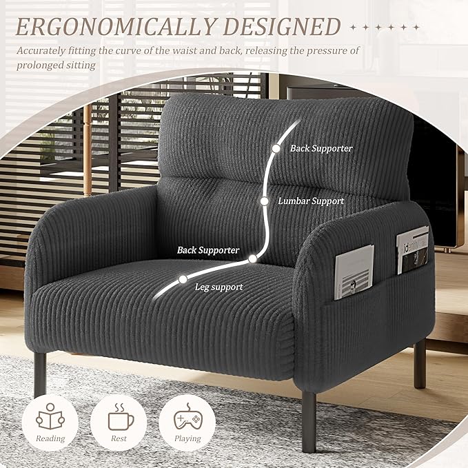 Gray Accent Chair - Corduroy Living Room Chairs with Side Storage Pockets and Durable Legs Comfy Arm Reading Chair with Soft Backrest for Bedroom Balcony Study Room
