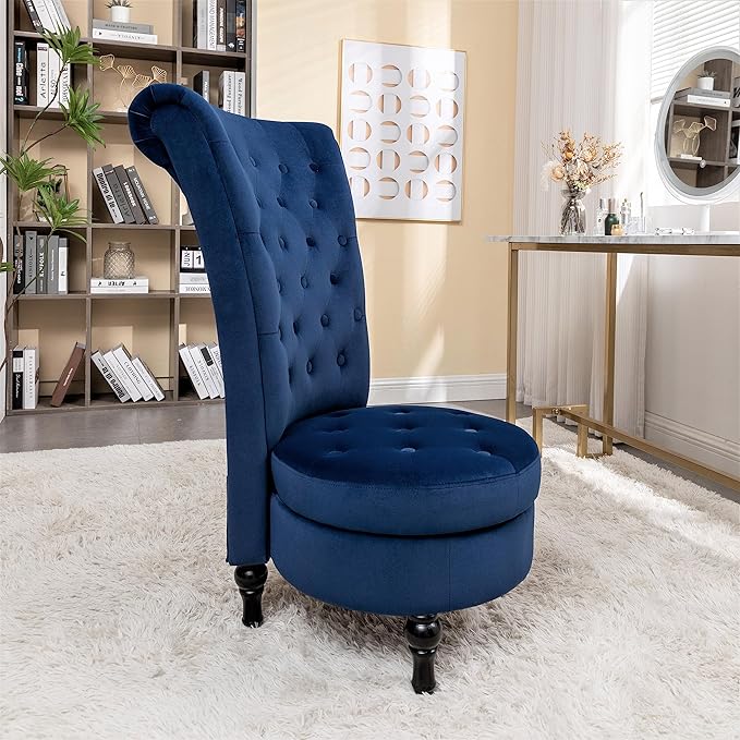 Royal High-Back Velvet Accent Chair for Vanity with Storage and Luxurious Upholstery Retro Design and Versatile Usage for Living Room Bedroom Lounge and Office Dark Blue