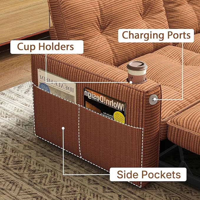 Rovibek 73.2 Convertible Sofa Bed Pull Out Couch with USB Charging Port &amp Cup Holders Adjustable Backrest Side Pockets Modern Corduroy Sleeper Sofa for Living Room Bedroom Apartment Orange