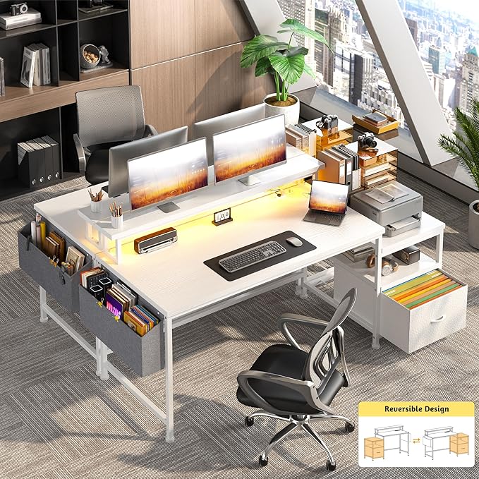 Computer Desk with DrawersOffice Desk with Printer Shelf &amp Monitor StandGaming Desk with Power Outlets &amp LED LightsCorner Table with Side Storage Bag White