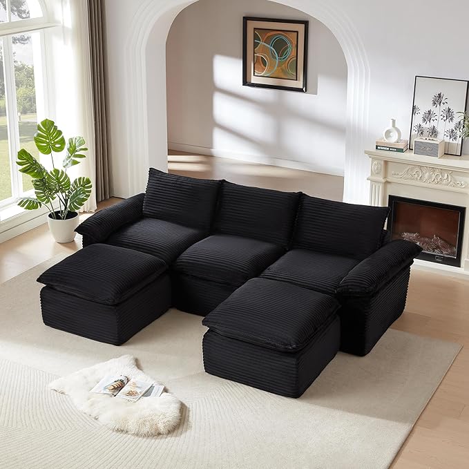 DEINPPA U Shape Modular Couch with Ottoman 5 Seat Cloud Sofa with Deep Seat for Living Room Apartment Corduroy Upholstered Comfy Couch-Black