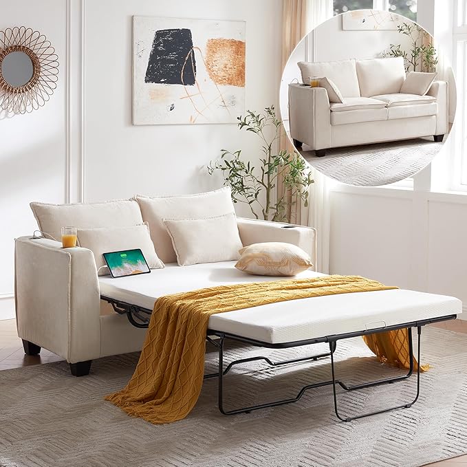 65 Pull Out Sofa Bed Sleeper Sofa Couch 2-in-1 Convertible Chenille Loveseat with USB Charging Ports and Memory Foam Mattress Full Size Pullout Bed for Living Room Apartment or Office Beige