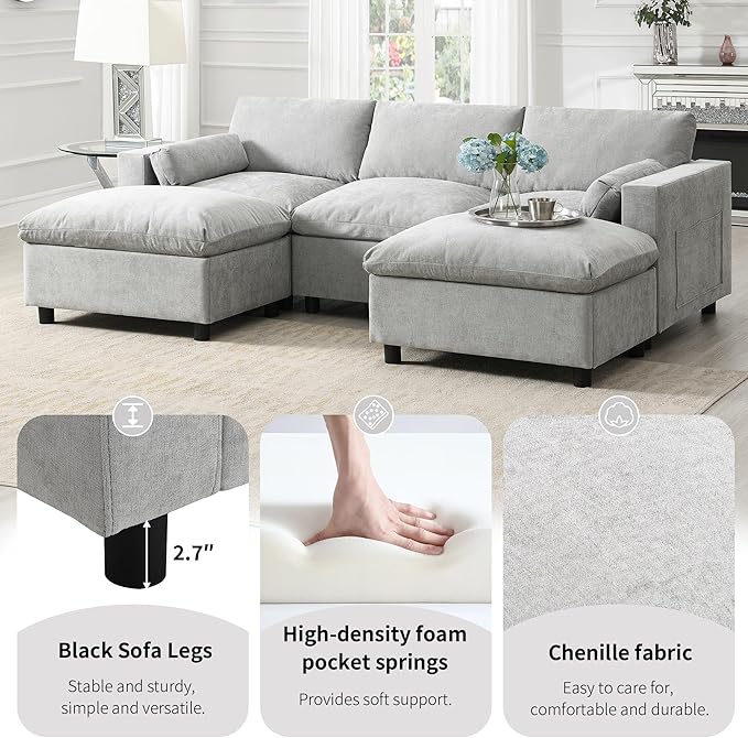 Merax 86.5 Sectional Sofa with Storage &amp Ottomans-Gray 5-Seater Sleeper Cloud Couch Space Saving Convertible L/U Shaped Sofa Set Chenille Upholstered SofaBed for Living Room &amp Apartment Gr