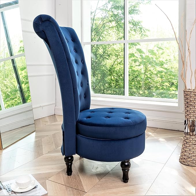 Royal High-Back Velvet Accent Chair for Vanity with Storage and Luxurious Upholstery Retro Design and Versatile Usage for Living Room Bedroom Lounge and Office Dark Blue