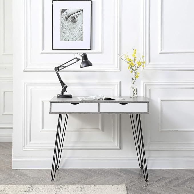 AC Pacific Laurel Small Desk with Drawers for Bedroom Study Home Office or Dorm Stylish Modern Table for Computer or Vanity Use with Marbling Design Gray
