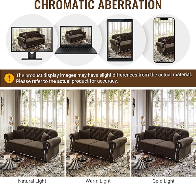 63 Deep Seat Chesterfield Loveseat Mid-Century Modern Velvet Couch with Nailhead Trim Rolled Arm and Pillows Comfy Tufted Upholstered 2 Seater Love Seat Couches for Living Room Bedroom (Brown)