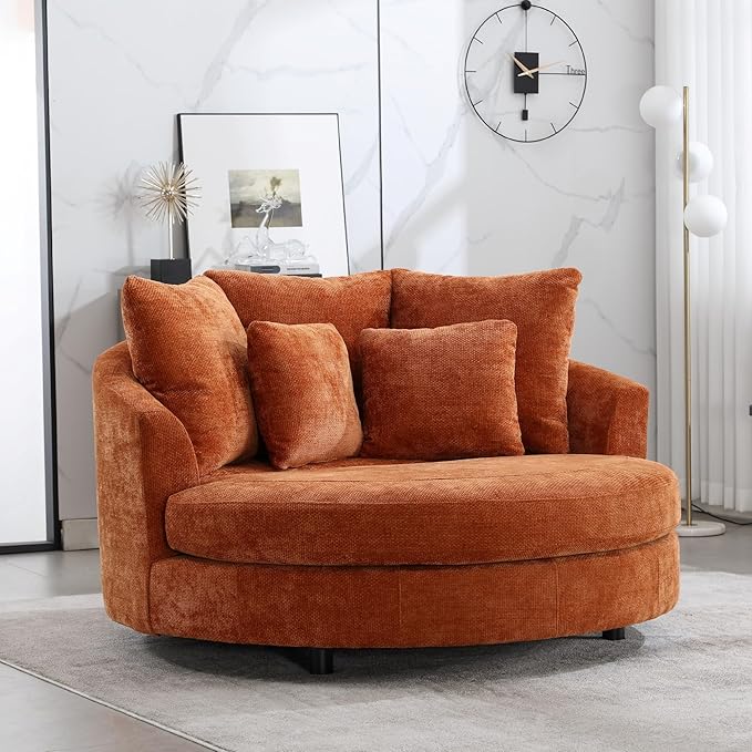 Aoiy &amp Wifon 59.8 W Oversized Barrel Chair Round Accent Chair with Wheels Extra Large Living Room Chair Knitted Chenille Burnt Orange