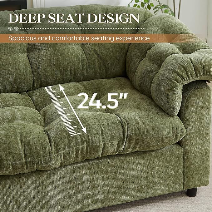 Modern Sofa Couch 94.8 W Chenille Tufted Fluffy Comfy Cloud Couch with Tutfted Design &amp Armrest Pillowchenilles Upholstered Oversized Loveseat Sofa for Living Room Bedroom Office Green