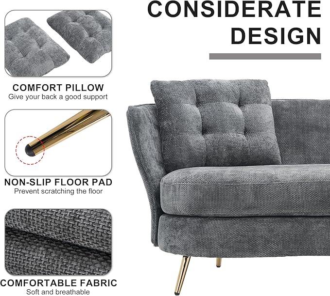 64“Modern Velvet Loveseat CouchFuton Small Sofa with Gold Metal Legs 2-Seater Upholstered Mini Sofa Couches for Small SpaceLiving Room Bedroom Office Dorm Studio Apartment Love Seat Couche (Grey-)