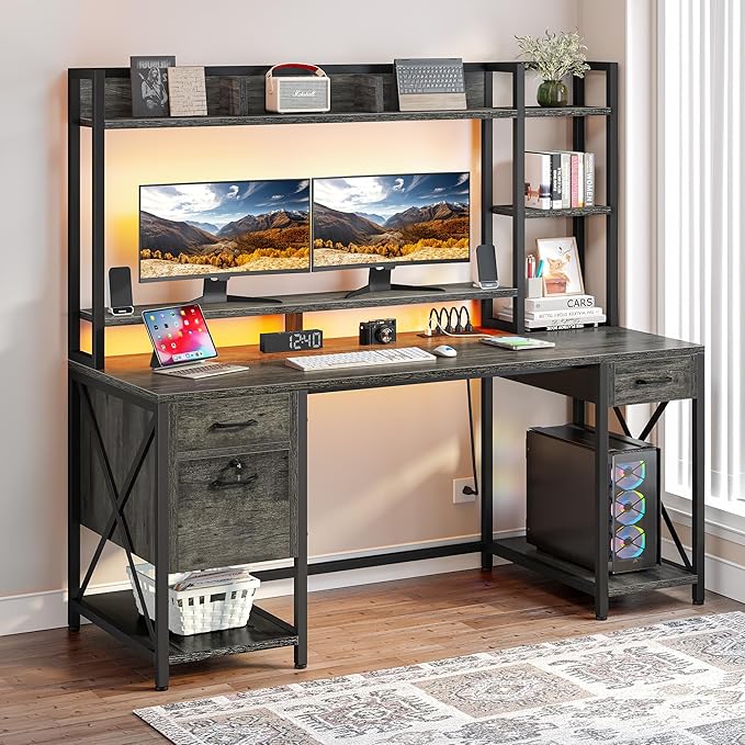DWVO Computer Desk with Drawers &amp Hutch 59.1 Office Desk with Power Outlets &amp LED Lights Home Office Desk with Storage Shelves Grey