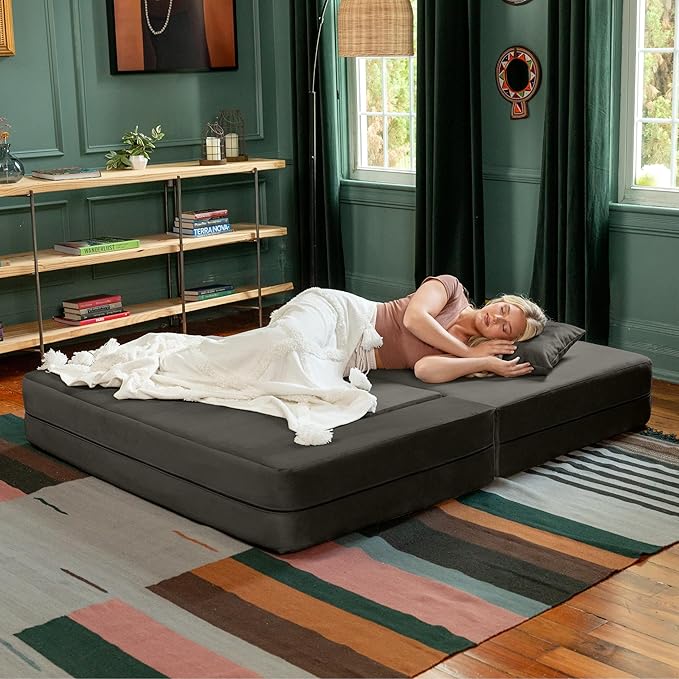 Jaxx Zipline Convertible Sleeper Loveseat &amp Ottomans Textured Microvelvet - Charcoal
