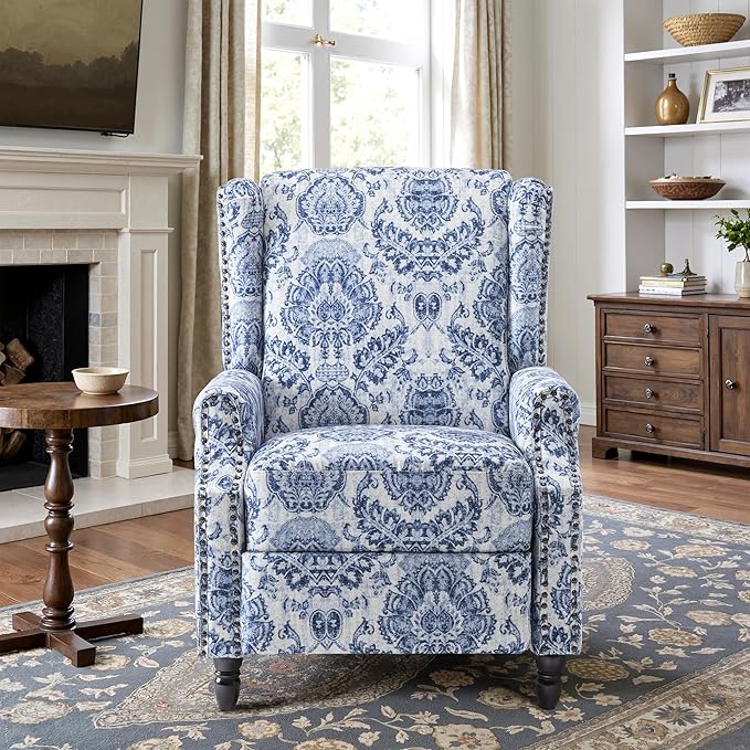 Recliner Chair Upholstered Wingback Floral Pushback Armchair with Adjustable Backrest &amp Footrest Comfy Accent Chair Reading Single Sofa for Small Spaces Living Room Bedroom (Navy Blue Set of