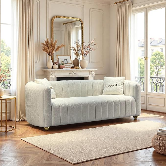 Modern Lambswool Loveseat Sofa Couch for Living Room 84 Comfy Upholstered 3 Seater Sofa Couch with Gold Metal Legs &amp 2 Pillows Luxury Sectional Sofa for Bedroom Office Apartment Creamy-White