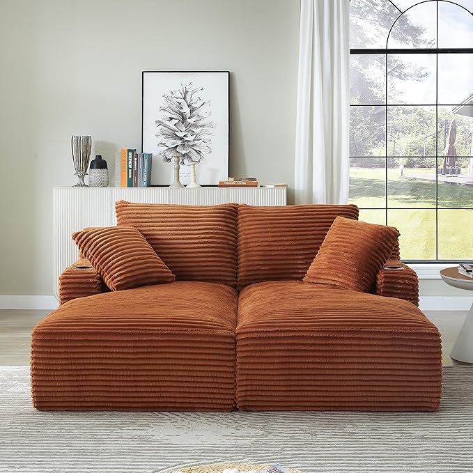 KEIKI Compressible Double Chaise Lounge with Cupholders Comfortable Corduroy Sleeper Loveseat for Home Office or Studio Boneless Chaise Lounge Indoor with Spring Support No Assembly Required