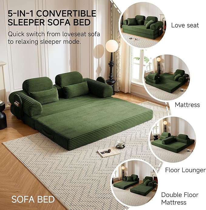 79 Sofa Bed Deep Seat 32 Sleeper Sofa 5-in-1 Convertible Sofa Bed Boneless Couch in a Box Corduroy Floor Futon with Thickened backrest and Headrest Pillows Side Pockets Dark Green