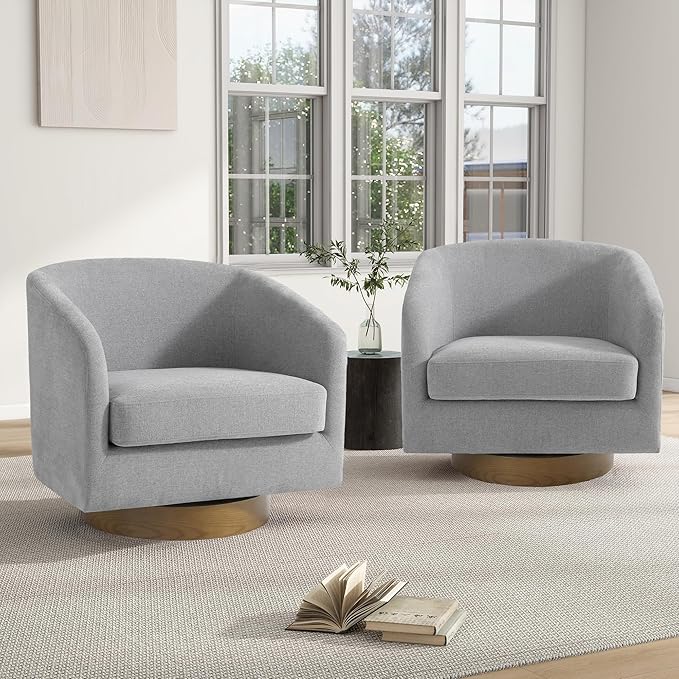 Swivel Barrel Chair Modern Round PU Leather Accent Armchair for Living Room Bedroom Oversized Comfy Club Reading Chairs for Adults (Chenille Light Grey Set of 2)