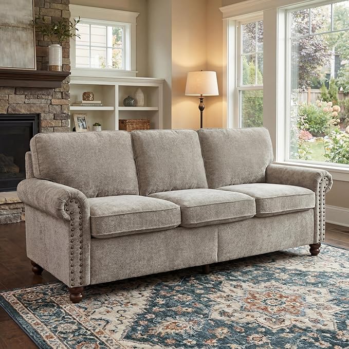 81.5 Rolled Arms Sofa Classic Couch with Nailhead Trim 3-Seater Sofa with Springs Deep Seat Cushion &amp Wooden Legs Comfy Vintage Couch for Living Room Apartment Farmhouse Grey Beige | Rolled