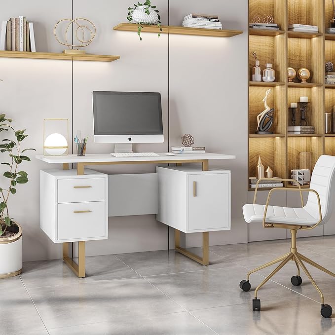 Techni Mobili Storage Drawers and Cabinet 51.25” W-Modern Office Large Floating Desktop Surface Desk 23.6 D x 51.2 W x 29.8 H White/Gold