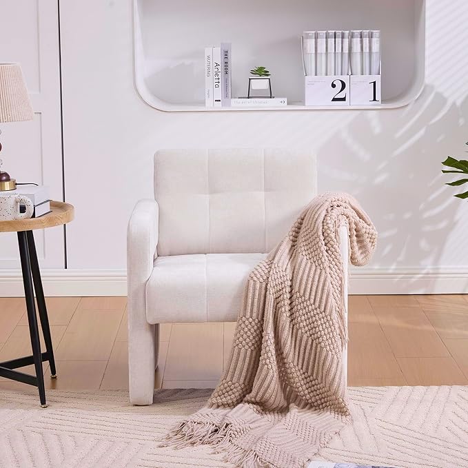 Classic Chenille Conversation ChairModern Minimalist ArmchairElegant Comfortable Accent Chair for Living RoomBedroomStudyOfficeBeige