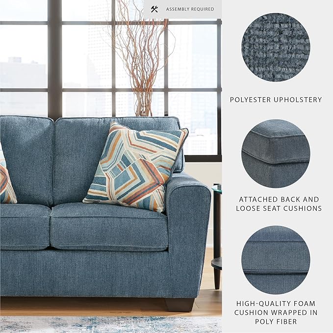 Signature Design by Ashley Cashton Contemporary Loveseat Exposed Feed With Faux Wood Finish Accent Pillows Fabric Upholstery 63 W x 38 D x 39 H Blue