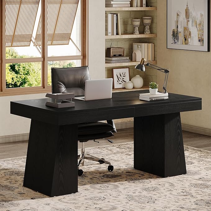 Tribesigns 55 Executive Desk Wooden Office Desk with Double Pedestal Modern Simple Computer Writing Table for Home Office Black