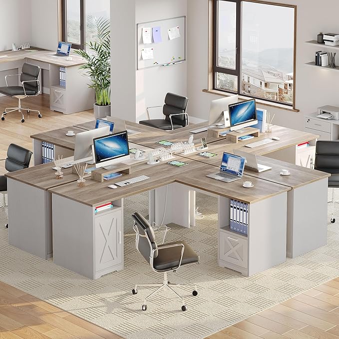 YITAHOME L Shaped Desk with Power Outlets 60 Inch Computer Desk Corner Desk with File Drawer Home Office Desk with Monitor Stand &amp Storage Shelves L-Shaped Desk with File Cabinet Grey Wash