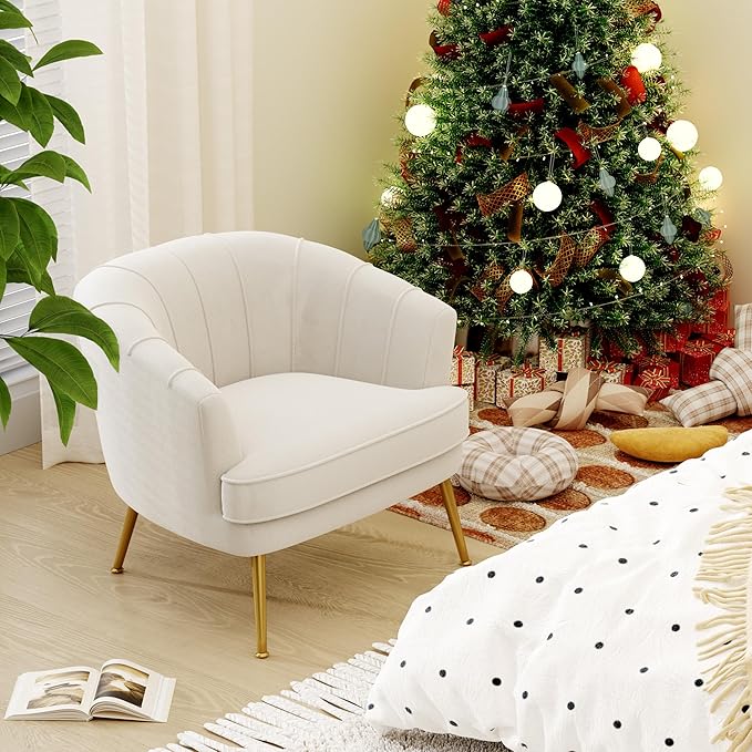 Andeworld Upholstered Velvet Accent ChairVelvet Fabric Club Barrel Chair Morden Living Room Chair for Bedroom/Reading SpacesIvory
