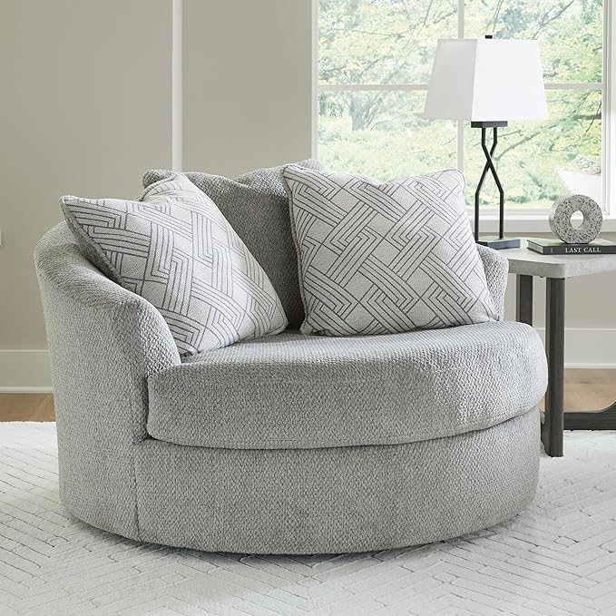Signature Design by Ashley Casselbury Contemporary Upholstered Oversized Swivel Accent Chair with 3 Throw Pillows Light Gray
