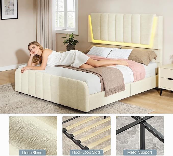 Full Bed Frame with 2 Storage Drawers Modern Linen Bed with Upholstered Headboard Bed Frame with Adjustable Upholstered Headboard &amp LED Lights No Box Spring Needed Beige