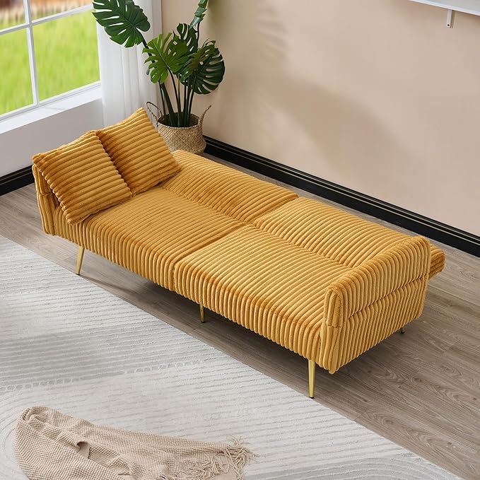 79 Corduroy Futon Sofa Bed Small Couch Loveseat Convertible Futon Sleeper Sofa with Folding Armrests and 2 Pillows Modern Couch for Living Room Bedroom Yellow