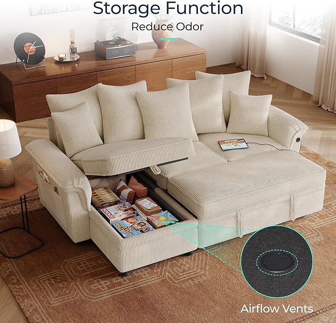 LINSY HOME 90.5'' Sectional Sleeper Sofa with Pull Out Couch Bed Modular (Beige 90.5'') | USB Charging Pillow-style Armrest Multiple Cushions Storage Chaise Corduroy Fabric