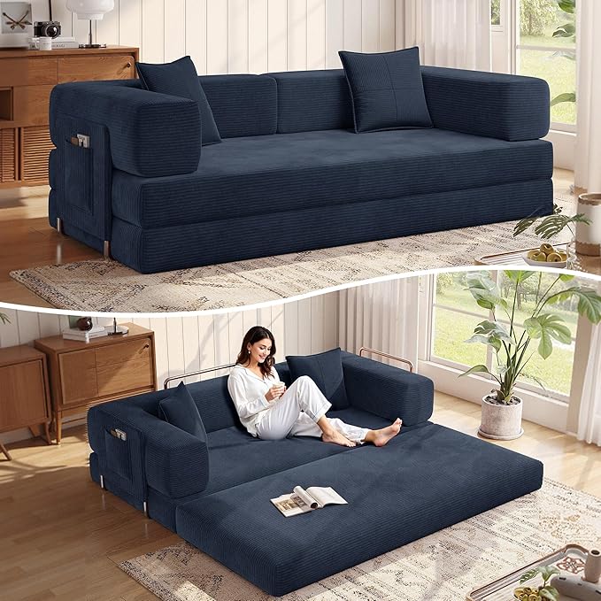 MoonSpeak 78.8''Sleeper Couch Bed for LivingroomConvertible Modular Sofa with Armrest PillowModular Foldable Corduroy Couches in a BoxNo Assembly (Blue)