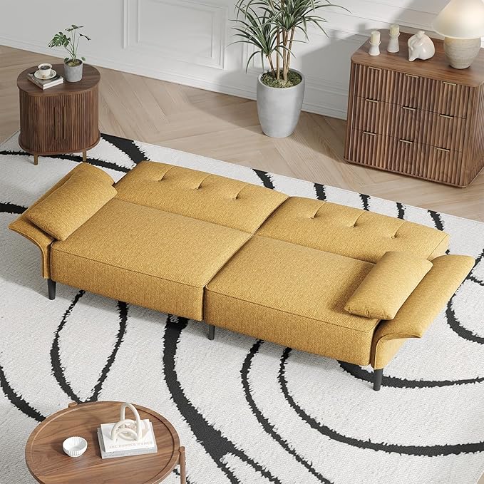 89” Futon Sofa BedComfy Futon Couch Bed with 2 Square PillowsConvertible Sleeper Sofa with Adjustable Backrest&amp Armrests Modern Loveseat Sleeper for Living Room Bedroom Linen Yellow