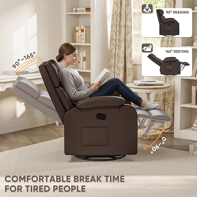 Homall Recliner Chair 360 Swivel Rocking Chair for Adults Massage Nursery Chair with Adjustable Backrest and Footrest PU Leather Glider Rocker Recliners with Side Pocket for Living Room (Brown)
