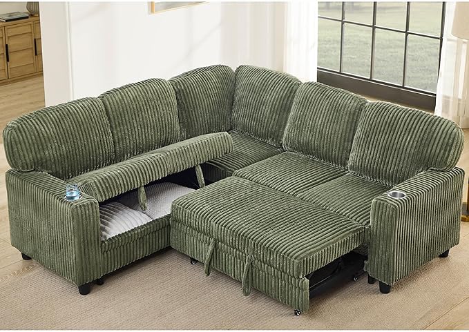 81 Convertible L Shaped Sleeper Sofa Couch with Pull Out Sofa Bed Sleeper Bed with Oversized Storage USB Ports &amp Cup Holder Sectional Couches for Living Room Green Corduroy
