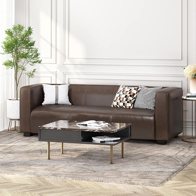 80.25 PU Leather Upholstered Couch Modern 3 Seater Sofa with Tufted Back and Square Arms Nailhead Sofa for Living Room Office Apartment Small Space Dark Brown