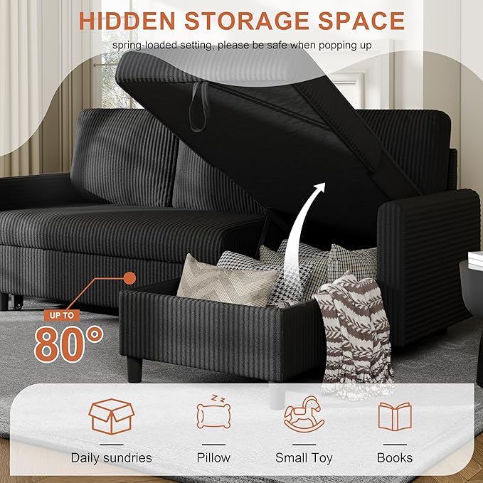 Vongrasig Pull Out Couch 2 in 1 Small Sofa Bed Sleeper Sofa with Storage 77 L Shaped Convertible Sofa with Storage Chaise for Living Room Apartment Black