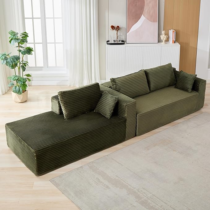 110” Cloud Sectional Couch with ChaiseOversized Modular Sofa with Deep Seat and Boneless DesignVacuum Compression Packed Corduroy Couch for Living Room BedroomNo Assembly RequiredGreen