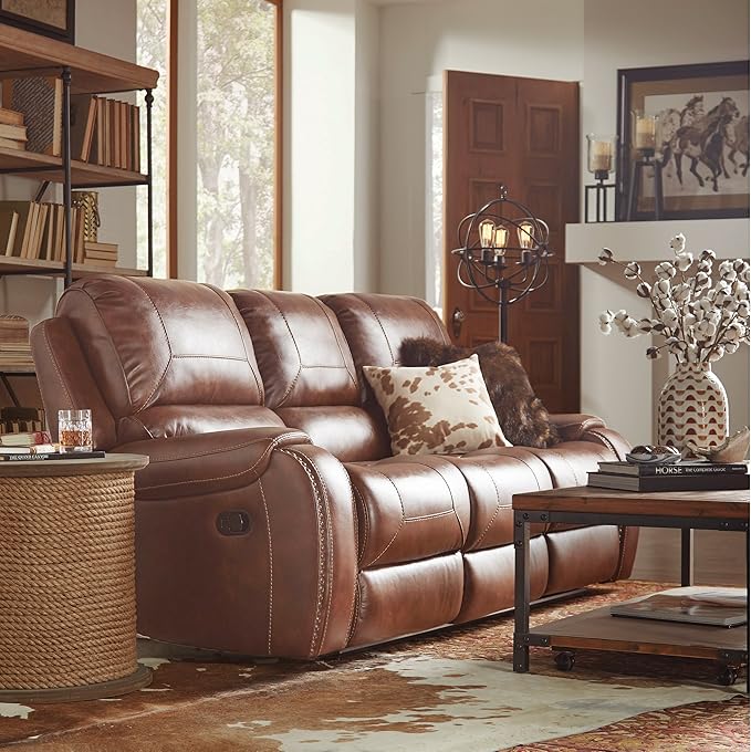 Roundhill Furniture Achern Leather Air Nail head Manual Reclining Sofa with Storage Console Brown