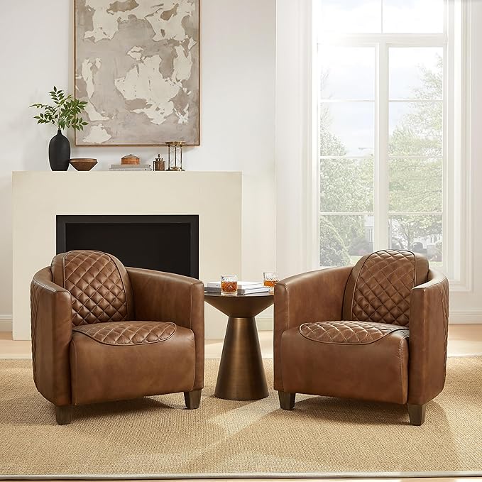 Zouron Genuine Leather Living Room Chair Mid Century Modern Single Sofa Chair with Wooden Legs Upholstered Barrel Accent Chair for Living Room Bedroom Home Office 1 Pcs Chocolate