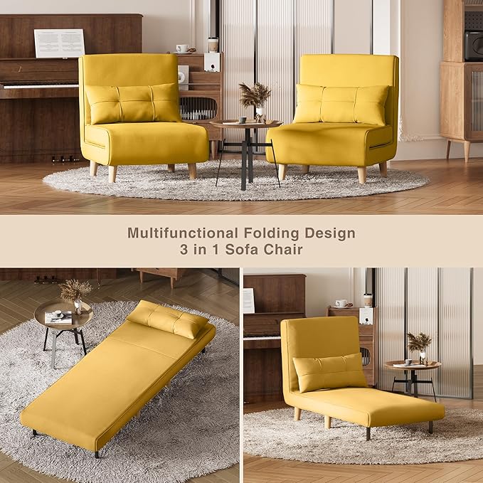 Aiho Futon Sofa Bed 3-in-1 Convertible Sleeper Chair Bed Futon Chair with 6-Level Adjustable Backrest and Pillow for Apartment Dorm Office Linen Yellow