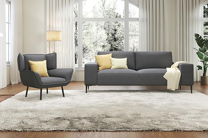 AMERLIFE 89-Inch 3-Seater Couch - Cozy Sofa with Extra Deep Seats Modern Chair Set for Living Room Grey Corduroy