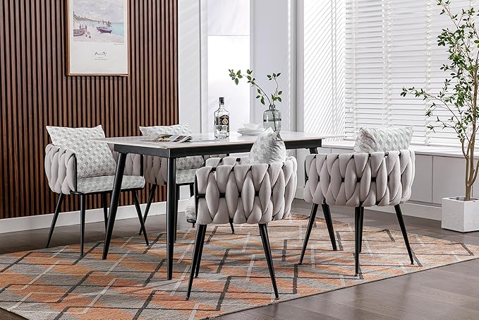Beige Modern Velvet Dining Chairs Set of 2 Hand Weaving Accent Chairs Living Room Chairs Upholstered Side Chair with Black Metal Legs for Dining Room Kitchen Vanity Living Room