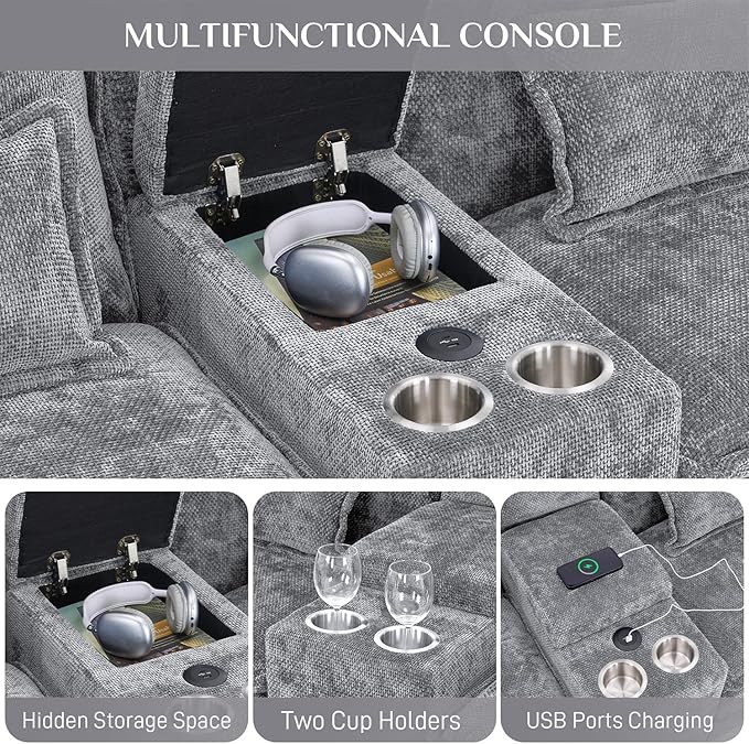 133 Oversized U Shaped Cloud Couch Modular Sectional Couches for Living Room Comfy Chenille Deep Seat Sofa Set with Double Chaise Lounge Storage Central Console Cup Holders USB Port Light Grey