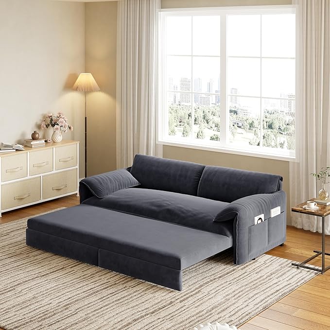 healthomse 66 Queen Size Sleeper Sofa Bed 3-in-1 Convertible Pull Out Sofa Bed with Side Storage Modern Velvet Loveseat for Living Room Bedroom Apartment Office Lounge (Grey 66inch)