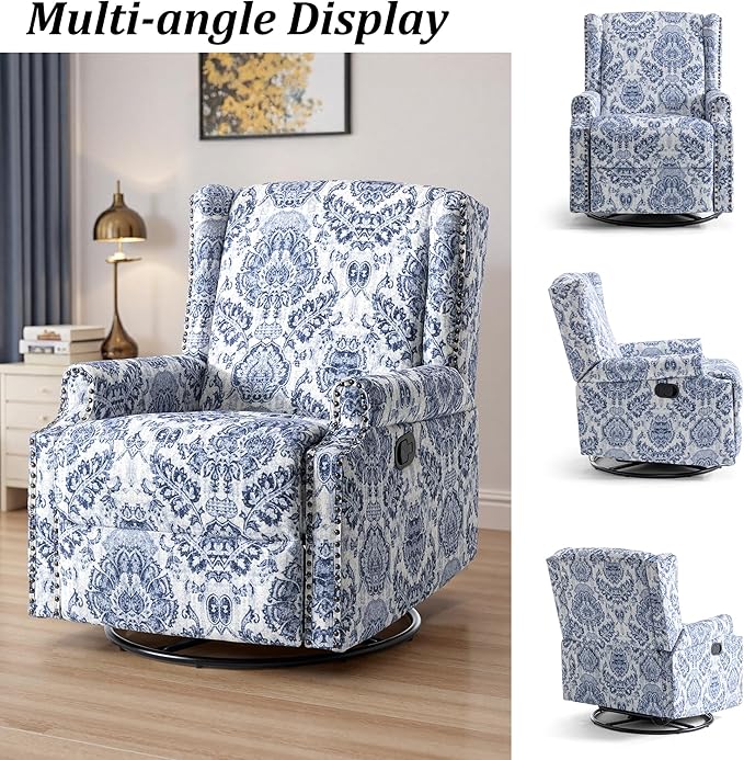 Swivel Rocker Recliner Chair Manual Nursery Glider Recliner Floral Fabric Wingback Accent Chair with Adjustable Backrest &amp Footrest for Small Spaces Living Room Bedroom (Navy Blue Set of 1)