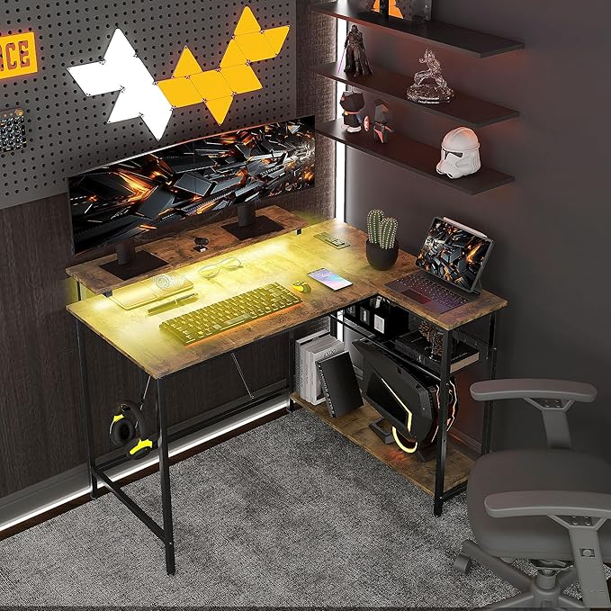 42 L Shaped Desk with LED Lights Power Outlet USB Charging Ports Reversible L Shaped Computer Desk with Storage Shelves Monitor Stand Corner Gaming Desk for Home Office Rustic Brown