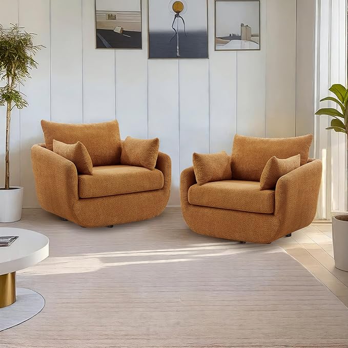 360° Swivel Accent Armchair Set of 2 39.3 Oversized Sherpa Boucle Fabric Sofa Chair with Removable Back &amp Arm Pillows Swivel Chairs with Cozy Soft Padded Curry