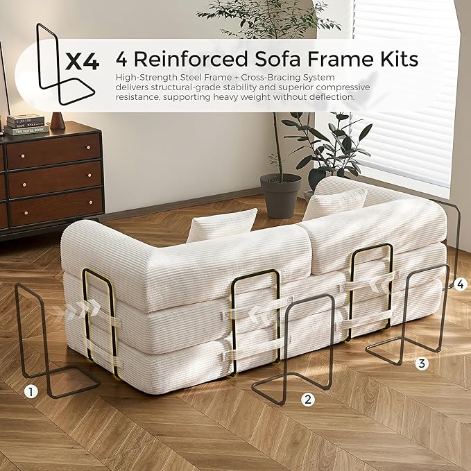 79 Corduroy Floor Sofa Bed Convertible Modular Sleeper Sofa Removable Parts Design Comfortable Seating and Sleeping for Family Use Relaxation Area (Beige White)