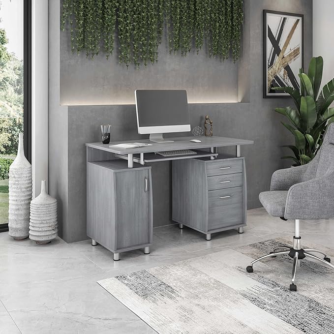 47.5'' Computer Desk with File Cabinet and Drawers Storage Cabinet with Removable Shelf and Ventilation for CPU Home Office Desk or Computer Workstation with Keyboard Tray Grey